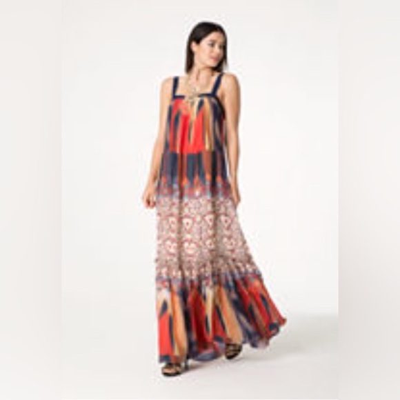 Bebe Orange Blue Floral Boho Printed Chiffon Babydoll Maxi Dress - Picture 2 of 14